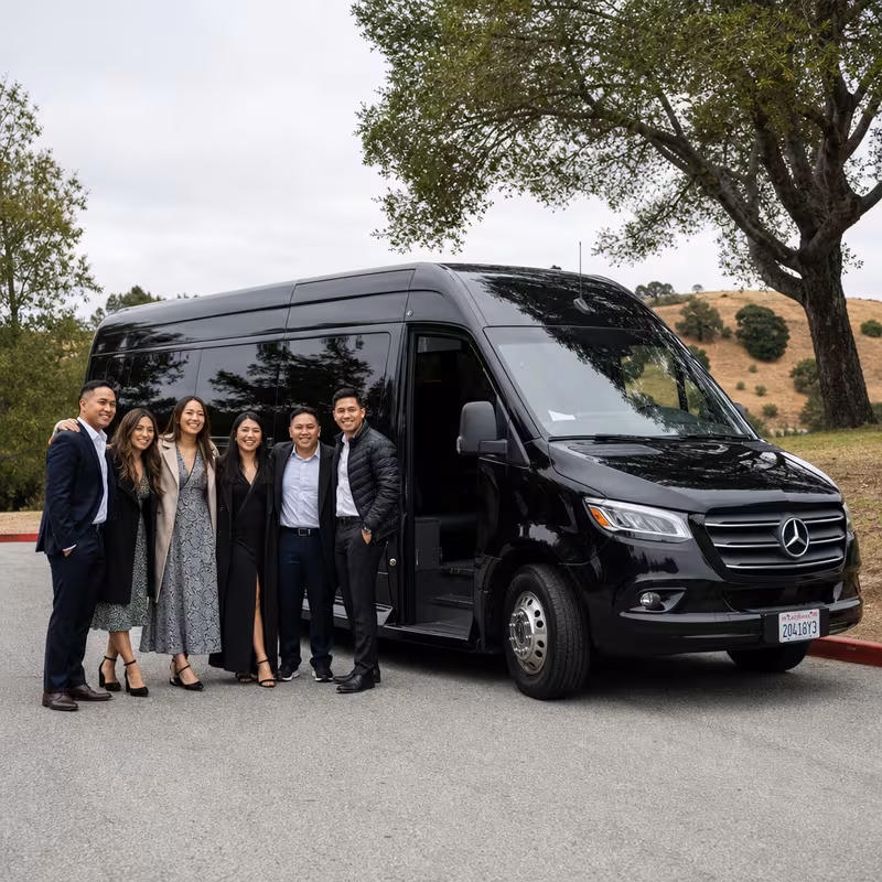 Group beside a Mercedes Sprinter limo from the San Jose fleet