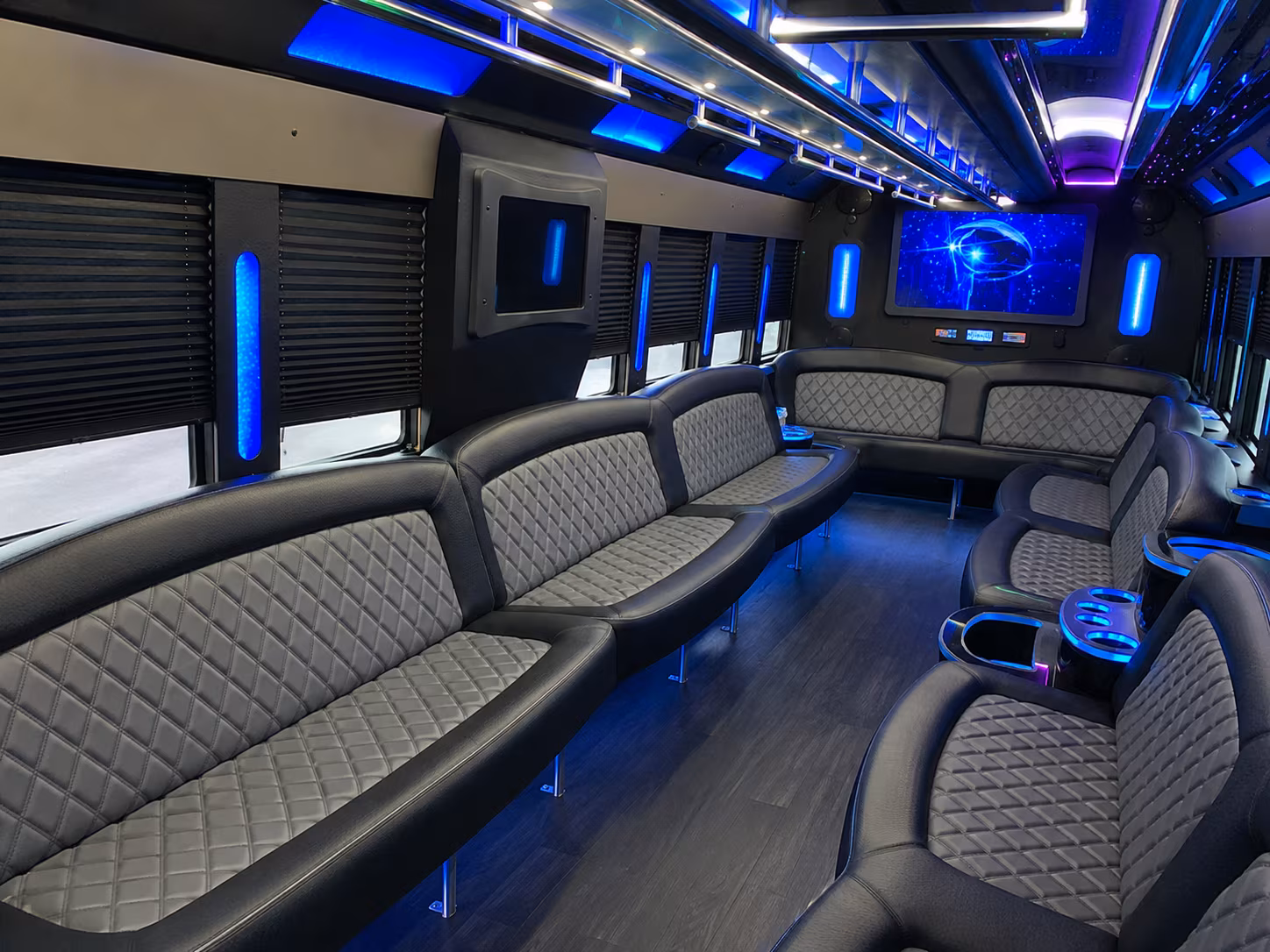 Interior of a party bus rental serving San Jose